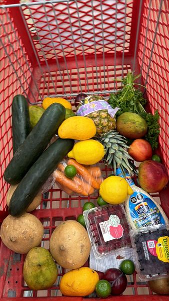 Shopping cart filled with cucumbers, lemons, pineapple, mango, potatoes and berries