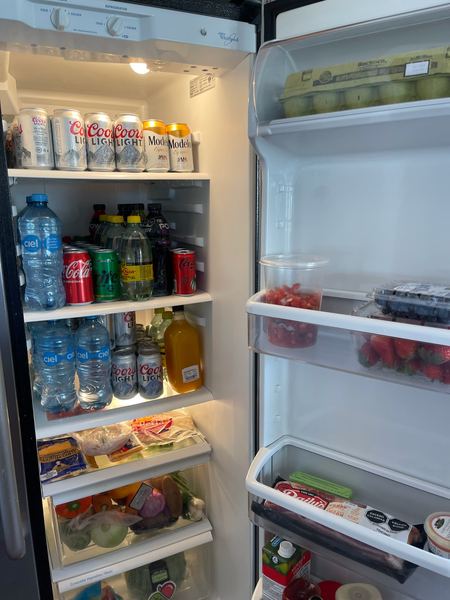 Villa refrigerator in Los Cabos stocked with bottled water, soft drinks, fruit and groceries